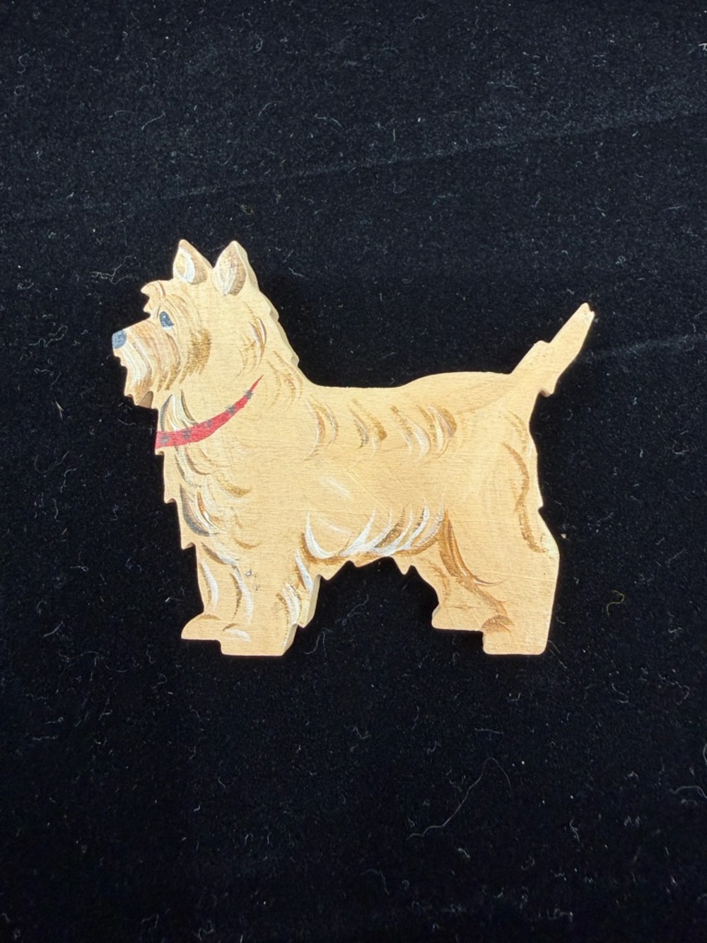 Cairn Terrier Wooden Brooch - Cream with Red Collar